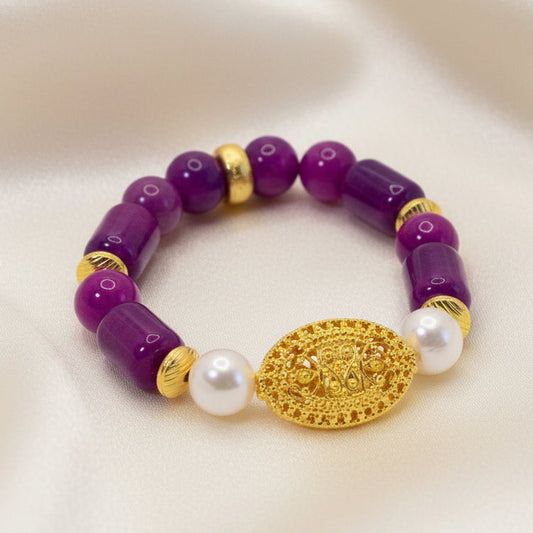 Purple Sugilite & Pearl Gemstones Gold Bali Beaded Bracelet