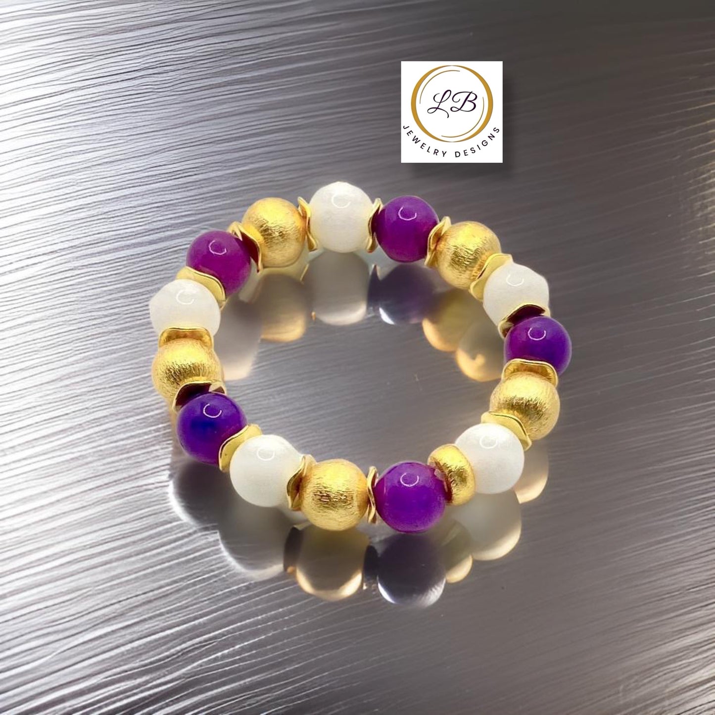 Purple Sugilite & White Alabaster Gold Bracelet