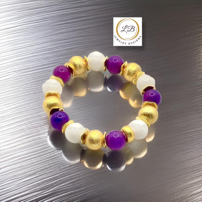 Purple Sugilite & White Alabaster Gold Bracelet