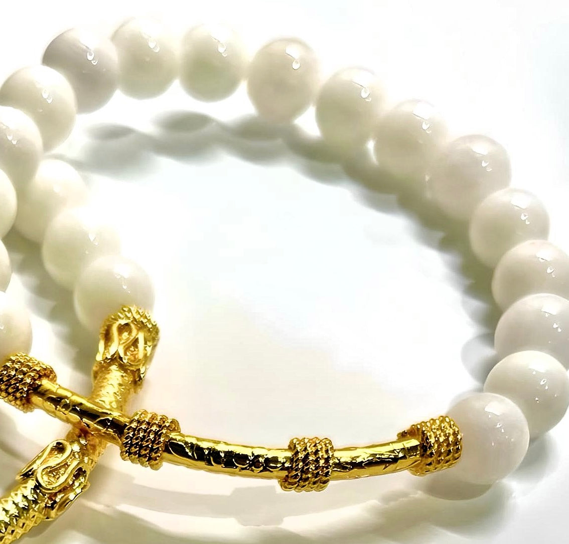 White Alabaster & Gold “Bali” Tube Beaded Bracelet