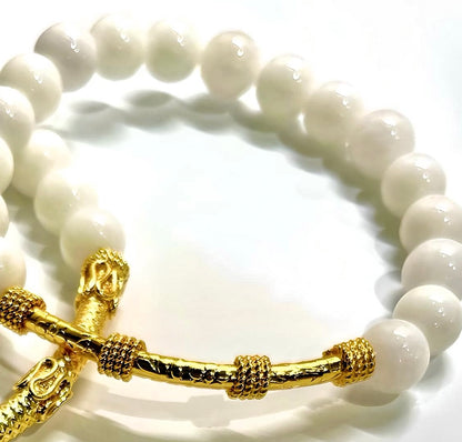 White Alabaster & Gold “Bali” Tube Beaded Bracelet