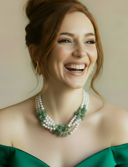 Capri Freshwater Pearl & Green Aventurine Triple Strand Necklace – Luxury Coastal Statement Jewelry