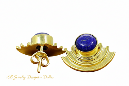Art Deco Lapis Lazuli Gold Vermeil Statement Stud Earrings