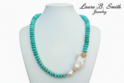 Turquoise and Keshi Pearl Statement Necklace - Gold Vermeil Coastal Luxury Necklace