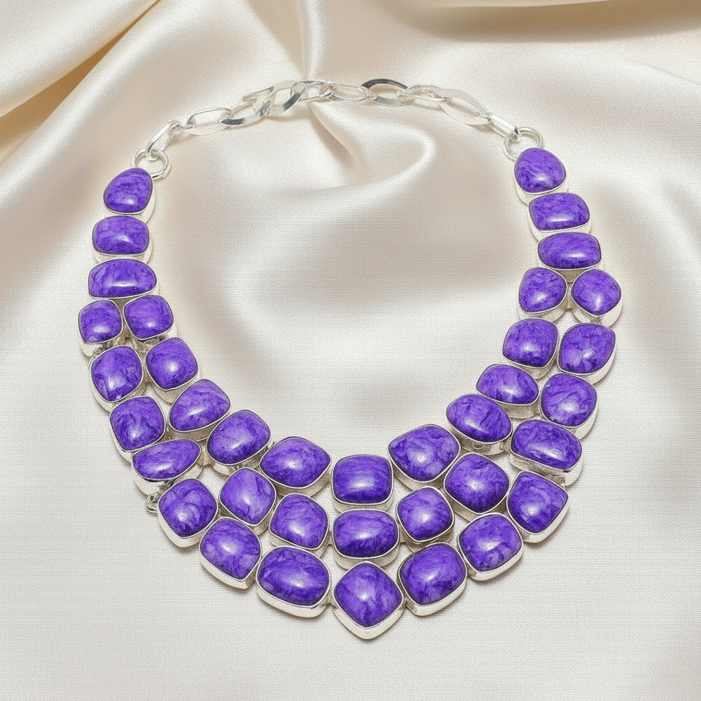 Montecito Rare Charoite Statement Necklace & Bracelet Set | Violet Sterling Silver Luxury Jewelry