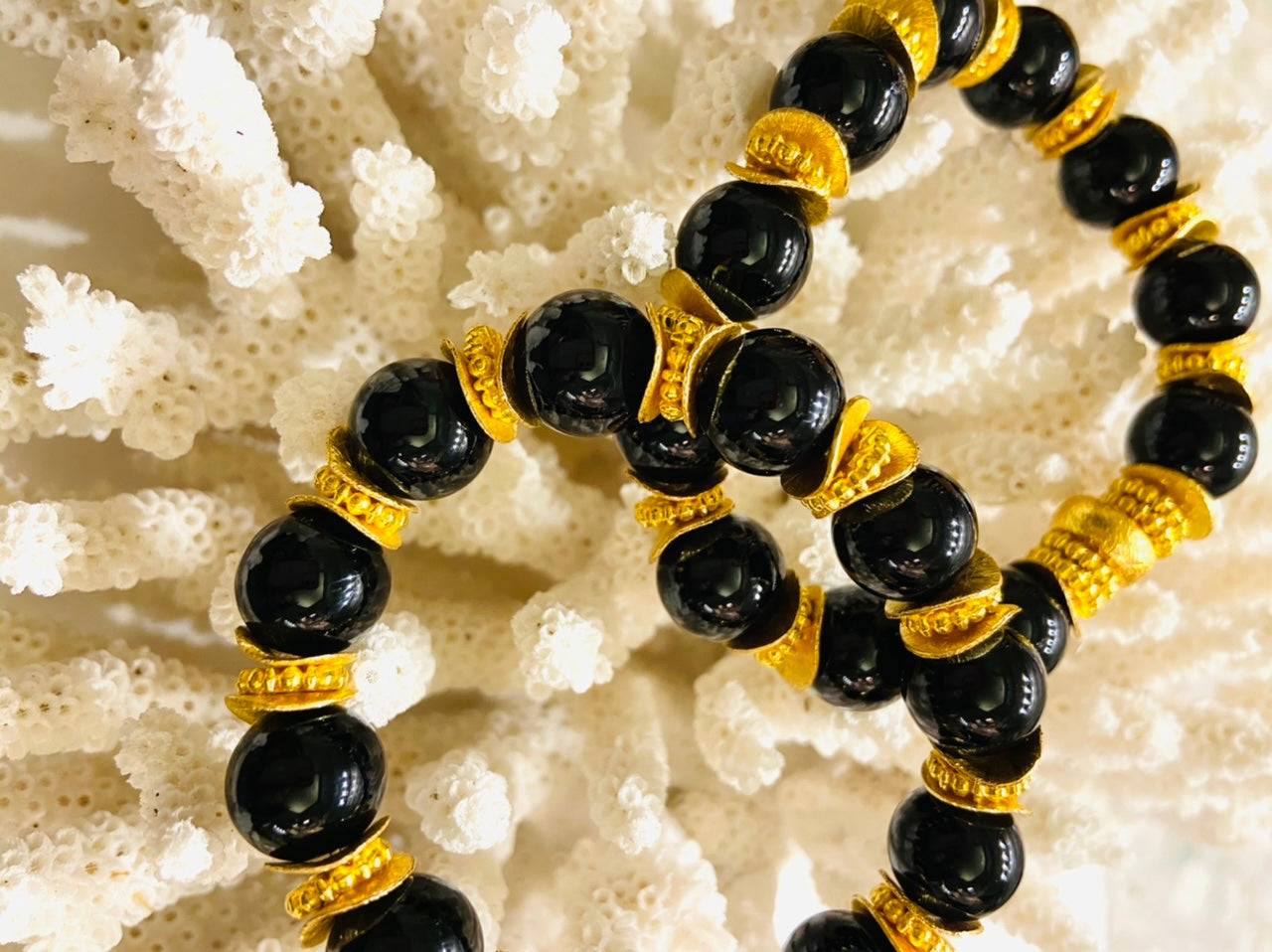 Classic Black Onyx Gemstones & 18k Gold Beaded Bracelets