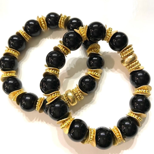 Classic Black Onyx Gemstones & 18k Gold Beaded Bracelets