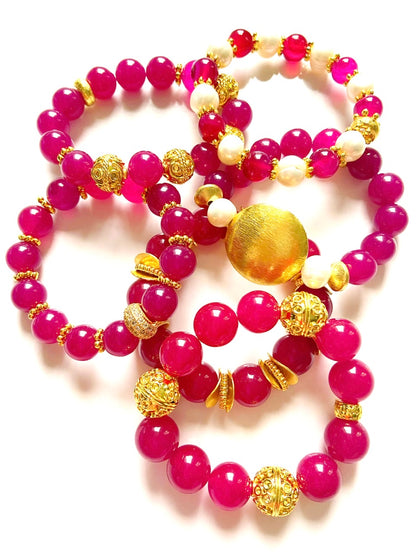 Rose Ruby Quartz Gemstones and Ornate Gold Bali Beaded Bracelet