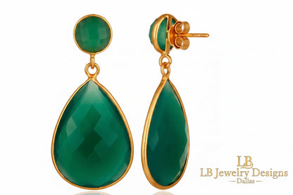 Green Onyx Teardrop Statement Earrings – 22k Gold Gemstone Dangles - 2”