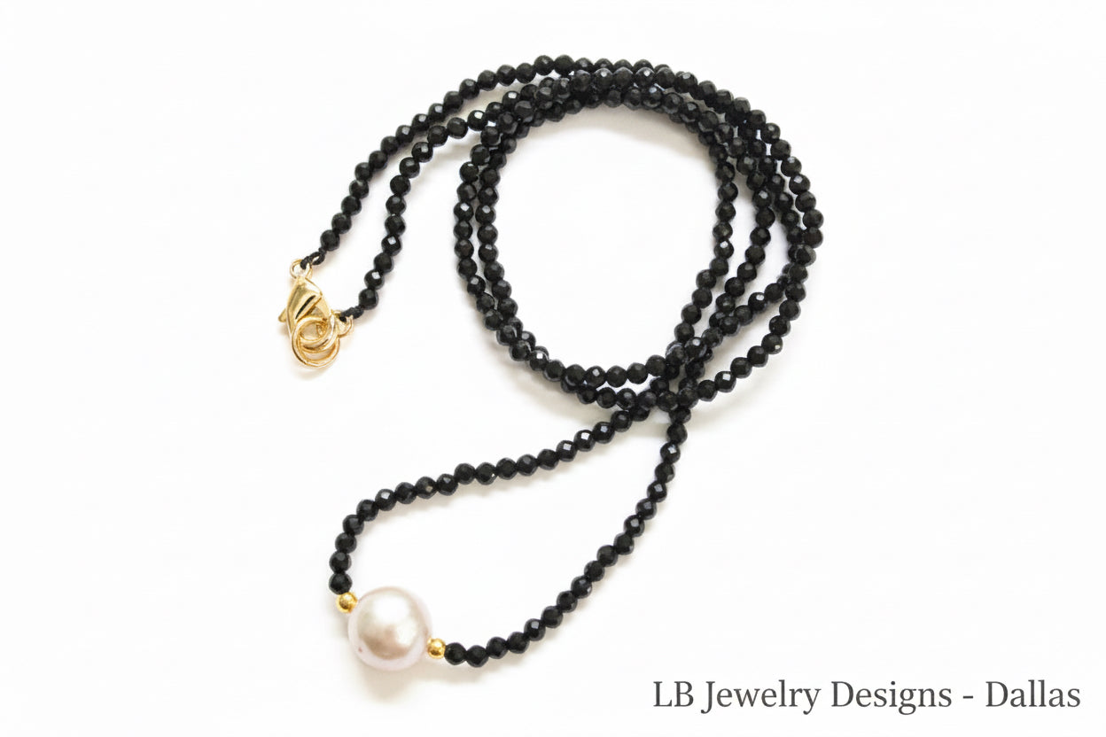 Black Spinel Gemstone Pearl Drop Necklace 18"