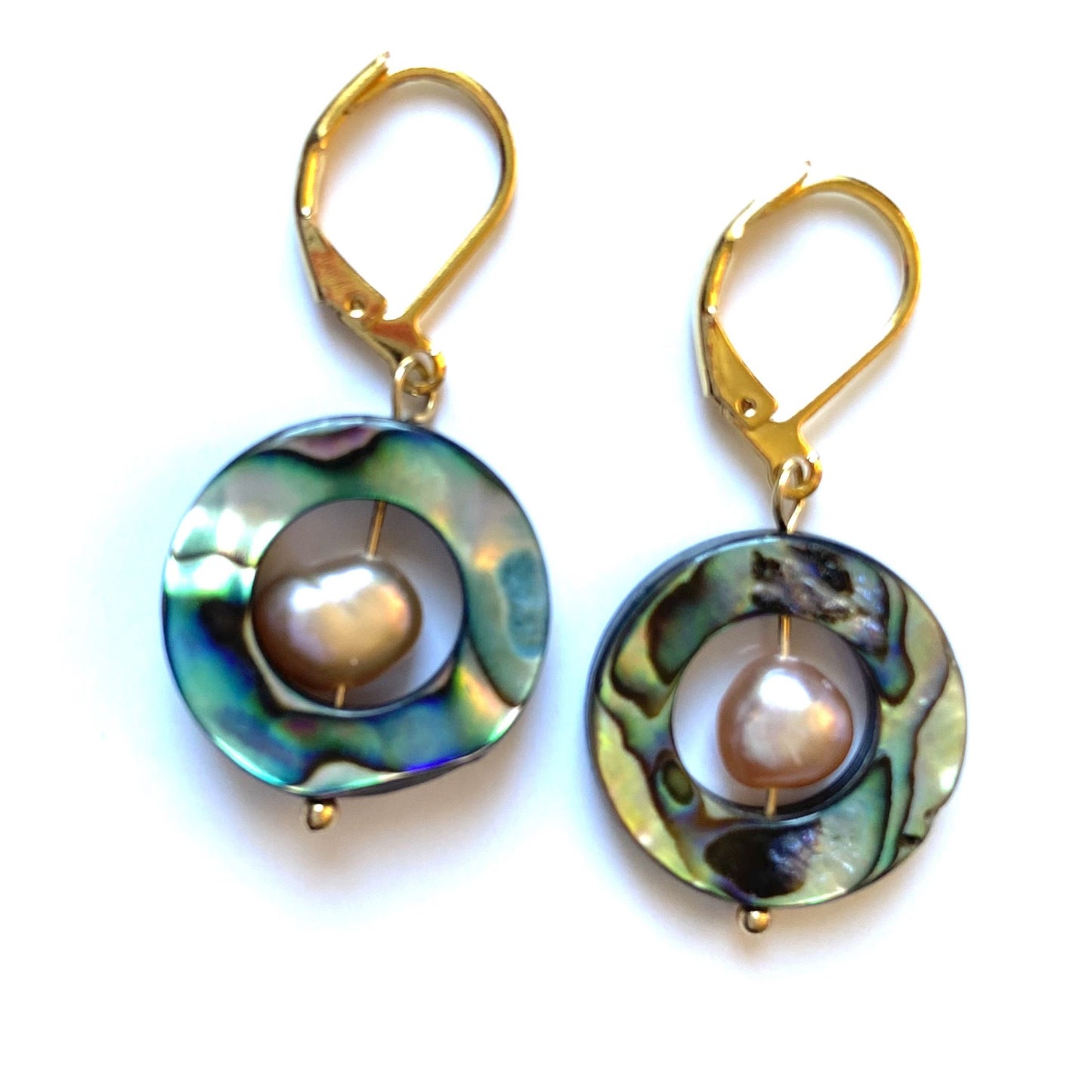 Iridescent Abalone and Baroque Pearl Gold Earrings