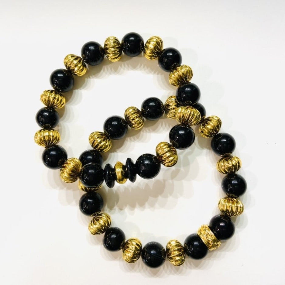 Classic Black Onyx Gemstones & 18k Gold Beaded Bracelets