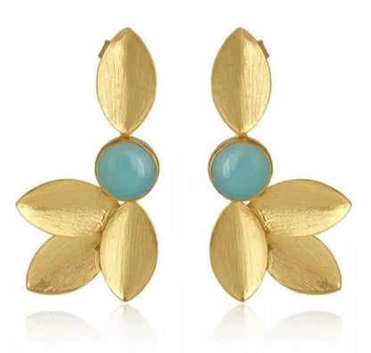 Aquamarine Leaf Design 22k Brushed Gold Vermeil Statement Earrings