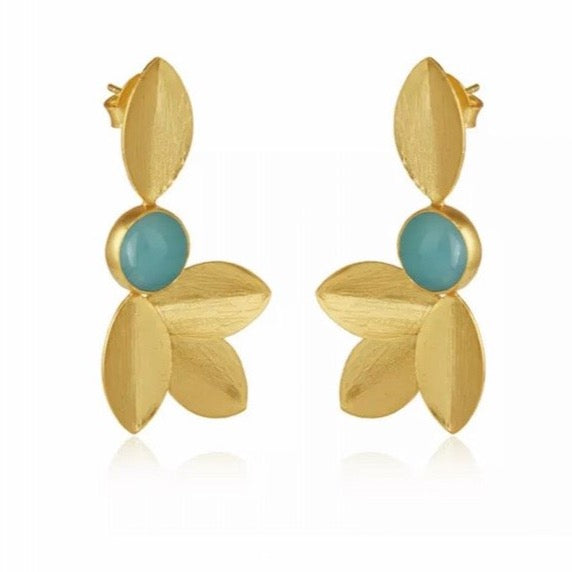 Aquamarine Leaf Design 22k Brushed Gold Vermeil Statement Earrings