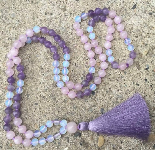Purple Amethyst & Rose Quartz Gemstone Tassel Statement Necklace 54