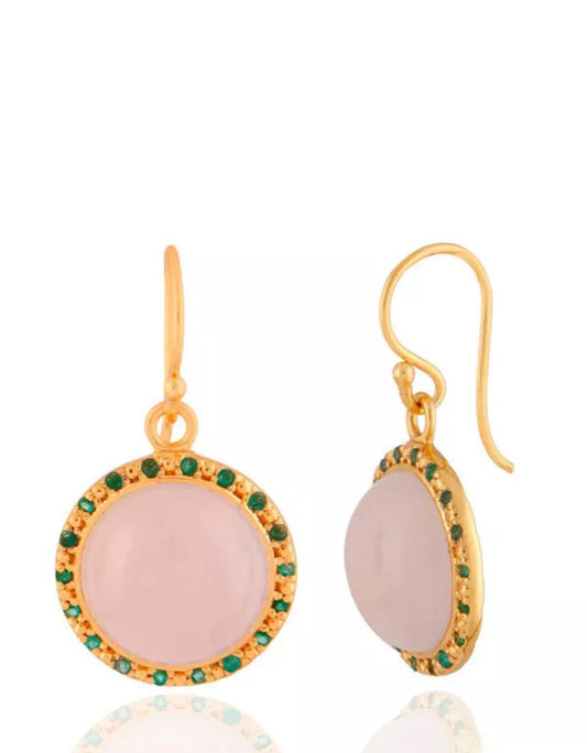 Emerald and Rose Chalcedony Gemstone Dangle Earrings 1.5