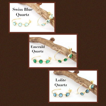 Quartz Gemstone Gold Hoop Earrings - Swiss Blue, Emerald & Blue Iolite Quartz - 14k Gold Plated  1.25”
