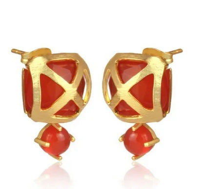 Orange Carnelian Gemstone Gold Stud Earrings 1”