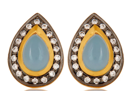 Pear-Shaped Aqua Chalcedony Pave Gemstone Earrings