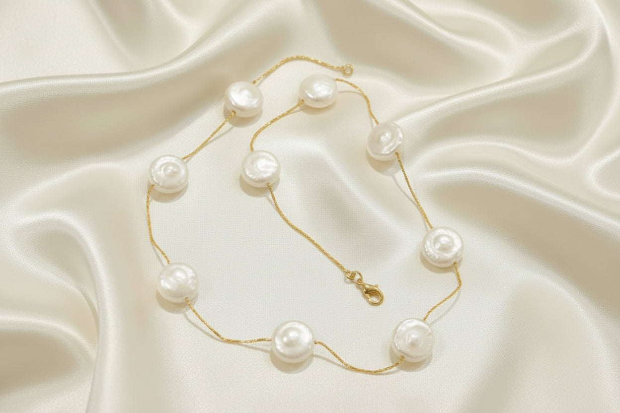 Montecito Coin Pearl Necklace & Hoop Earring Set - Coastal Luxury Jewelry