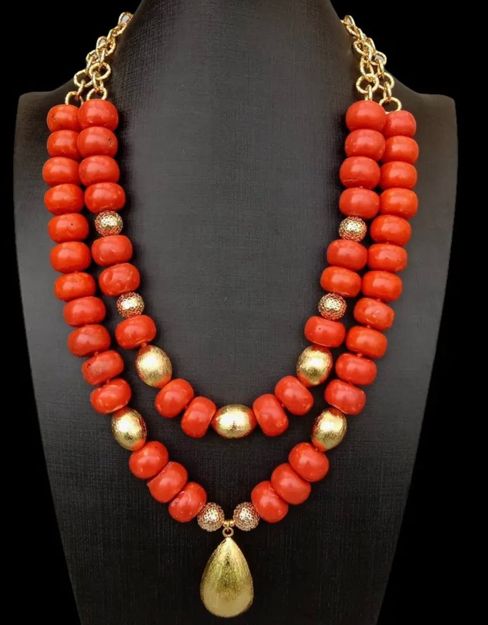 Orange Coral Gold Vermeil Pendant Statement Necklace 25"