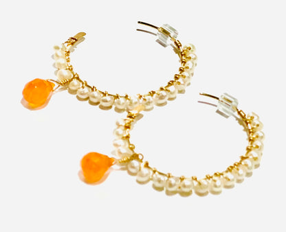 Gold Wire-Wrapped Freshwater Pearl & Carnelian Hoop Earrings