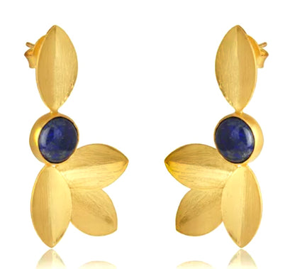 Lapis Lazuli Gemstone Leaf Design 22k Brushed Gold Vermeil Statement Earrings 2"