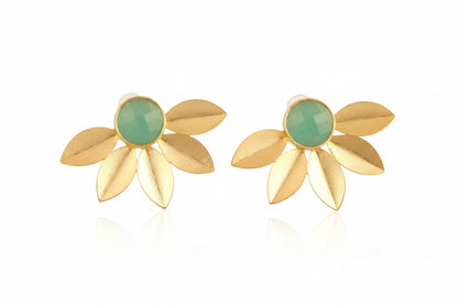 Leaf Design 18k Brushed Gold Vermeil Chalcedony Gemstone Studs 1.5”