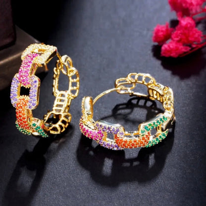 Gold Hoop Pave Crystal Cuban Chain Earrings
