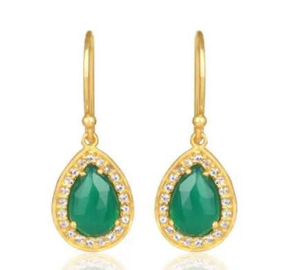 Green Onyx & White Topaz Gemstone Earrings 1.5"