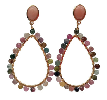 Multi-Colored Tourmaline Gemstone Dangle Hoop Earrings 2”