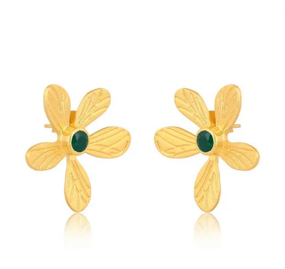 Gold Vermeil Green Onyx Gemstone Flower Statement Studs 1.5”