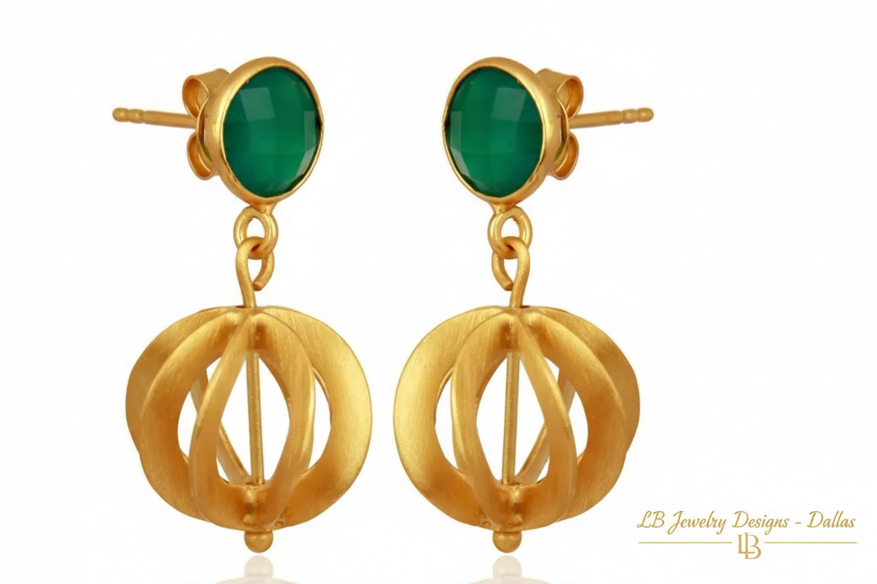 Green Onyx Gold Vermeil Dangle Earrings - Sculptural Filigree Designer Statement Earrings