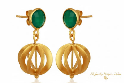 Green Onyx Gold Vermeil Dangle Earrings - Sculptural Filigree Designer Statement Earrings