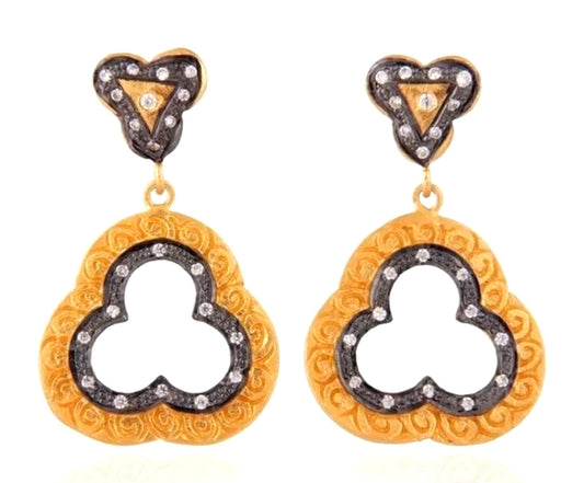 Elegant 22k Gold Vermeil Black Rhodium & White Zirconia Dangle Earrings 2"