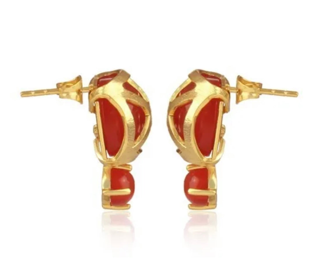 Orange Carnelian Gemstone Gold Stud Earrings 1”