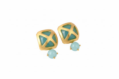 Aqua Chalcedony Gemstone Gold Stud Earrings 1”