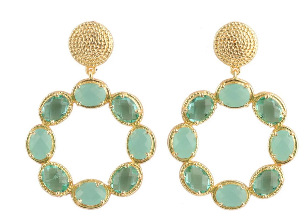 Aqua Chalcedony Gemstone Gold Twisted Statement Earrings 2”