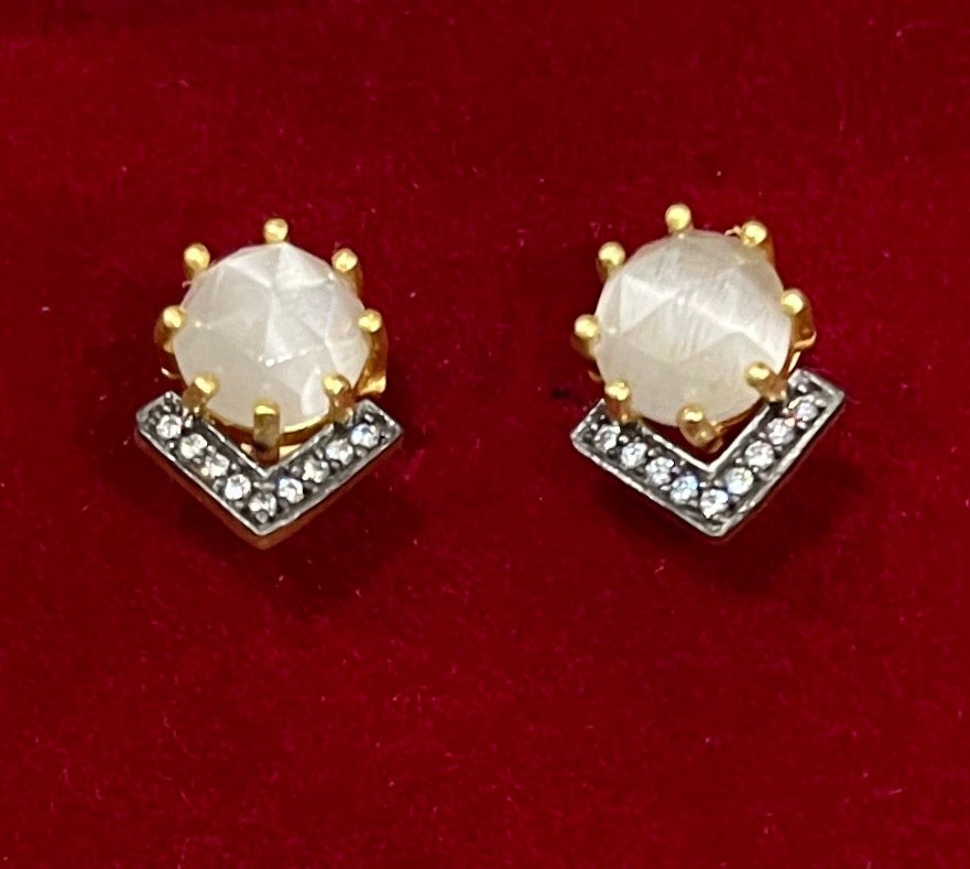 Petite White Moonstone and Rhodium Gold Stud Earrings