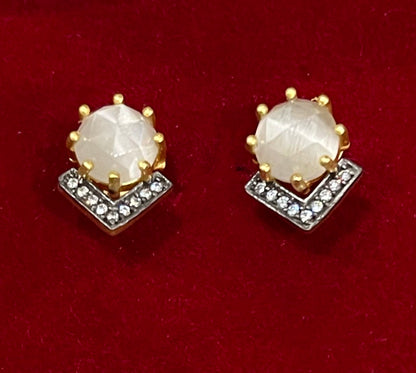 Petite White Moonstone and Rhodium Gold Stud Earrings