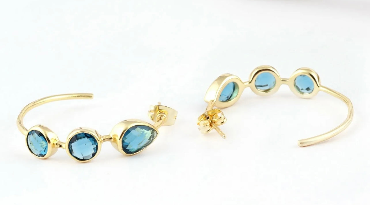 Quartz Gemstone Gold Hoop Earrings - Swiss Blue, Emerald & Blue Iolite Quartz - 14k Gold Plated  1.25”