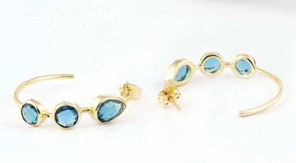 Quartz Gemstone Gold Hoop Earrings - Swiss Blue, Emerald & Blue Iolite Quartz - 14k Gold Plated  1.25”