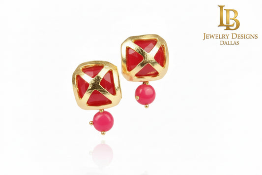 Pink Chalcedony Gemstone Gold Stud Earrings 1”