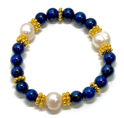 Lapis Lazuli & Baroque Pearl Gemstone Gold Beaded Bracelet