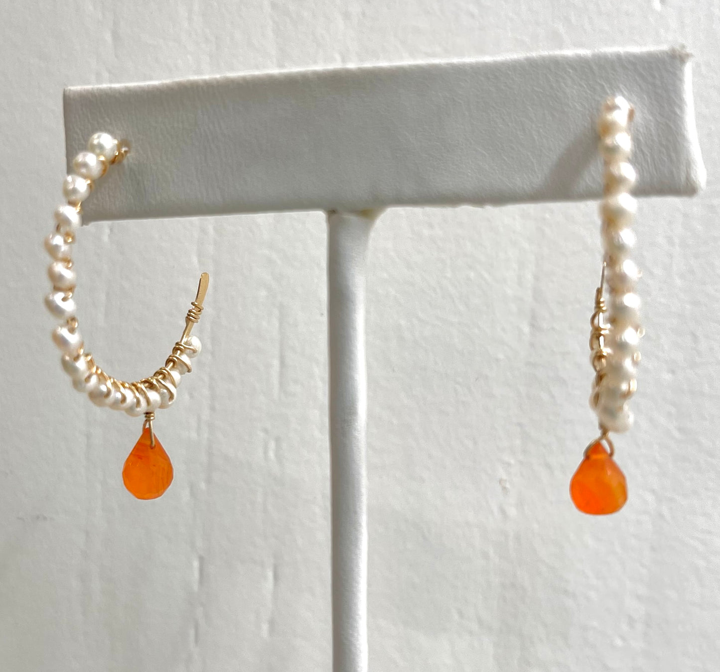 Gold Wire-Wrapped Freshwater Pearl & Carnelian Hoop Earrings