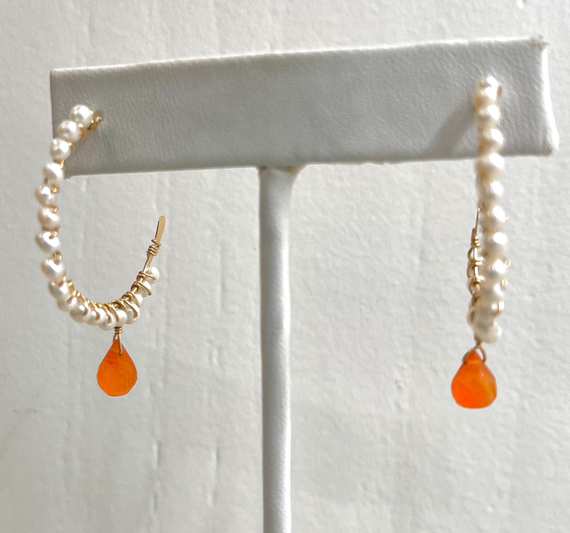 Gold Wire-Wrapped Freshwater Pearl & Carnelian Hoop Earrings