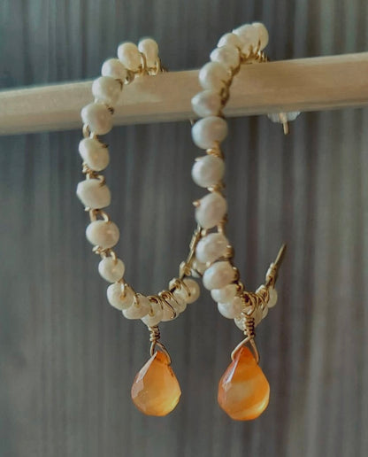 Gold Wire-Wrapped Freshwater Pearl & Carnelian Hoop Earrings
