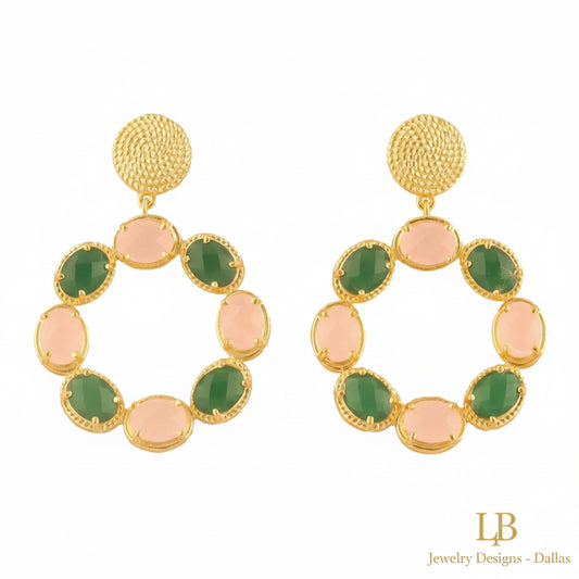 Pink Quartz & Green Onyx Gold Vermeil Circle Statement Earrings 2
