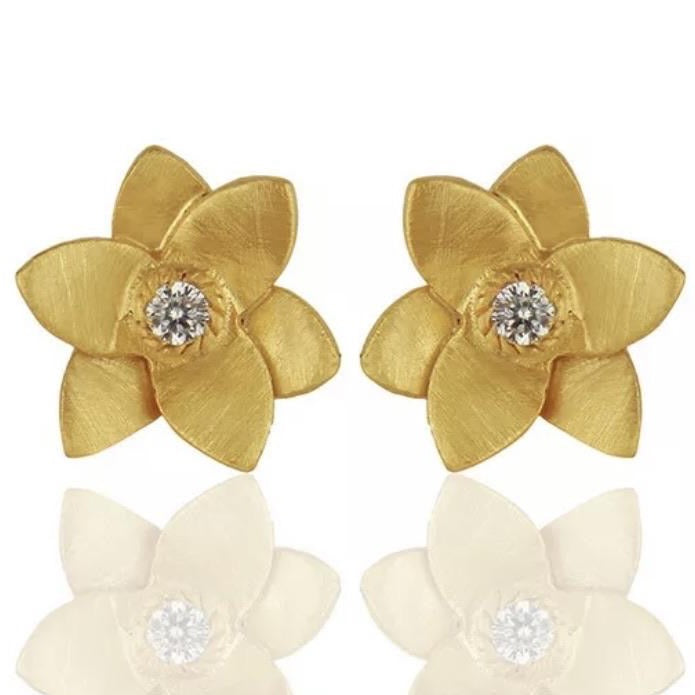 Petite Gold Plumeria Flower Stud Earrings with White Topaz Gemstone Accent