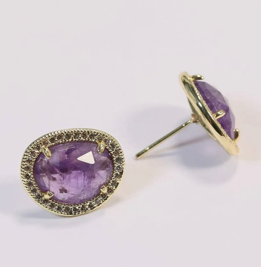 Purple Amethyst Bezel Pave Stud Earrings